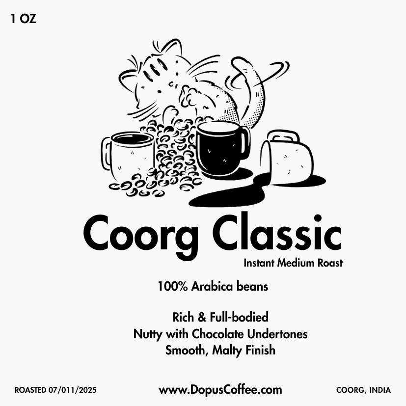Coorg Classic 1 oz instant medium roast label by Dopus Coffee